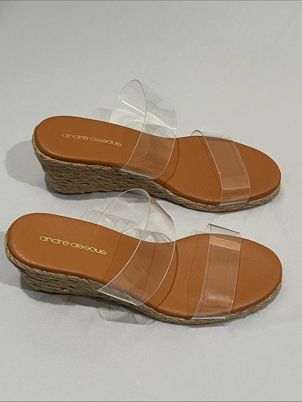 Andre Assous Clear Strap Tan Espadrille Wedge Sandals